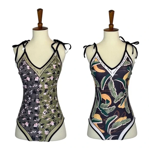 Boho Green & Black Floral Reversible Swimsuit with Shoulder Ties - Picture 4 of 16